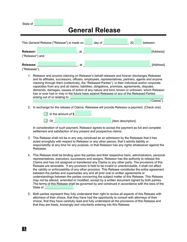 General Liability Release screenshot